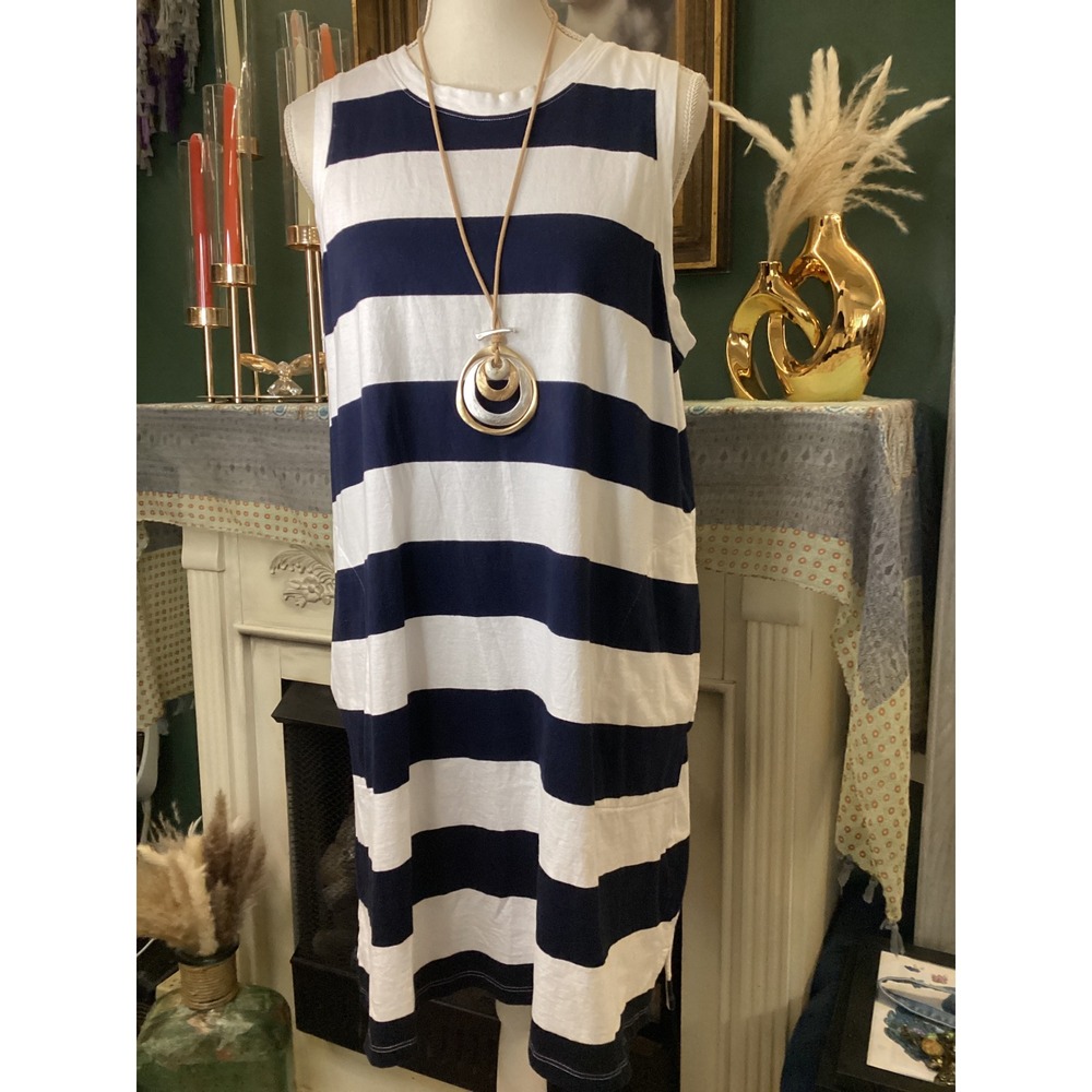 Old Navy Womens XL Navy Blue White Striped Cotton T-Shirt Dress Pockets